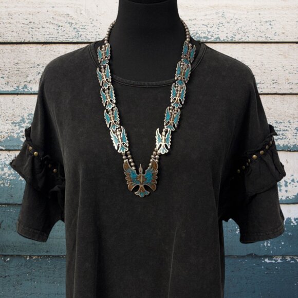 1970s NAVAJO Sterling Silver Turquoise & Coral Chip Inlay Peyote Bird Necklace - Picture 8 of 8